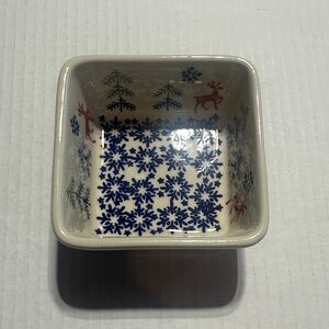 Winter polish pottery Festive Square Ceramic Bowl with Snowflake Reindeer Design